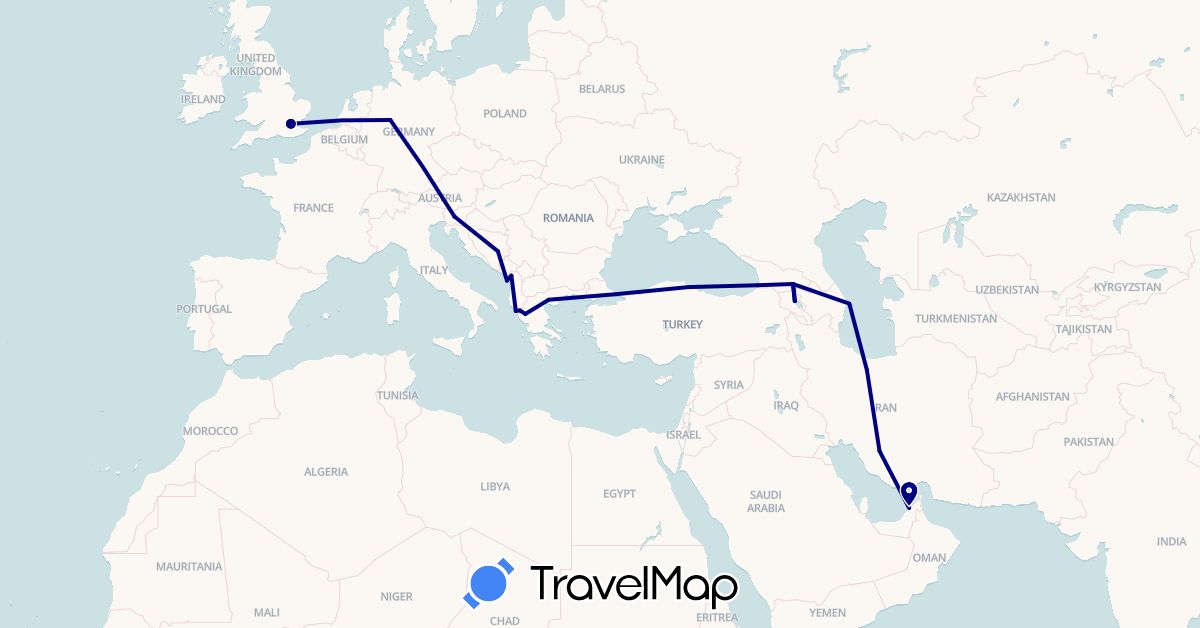 TravelMap itinerary: driving in United Arab Emirates, Albania, Armenia, Azerbaijan, Bosnia and Herzegovina, Germany, United Kingdom, Georgia, Greece, Iran, Montenegro, Slovenia, Turkey (Asia, Europe)